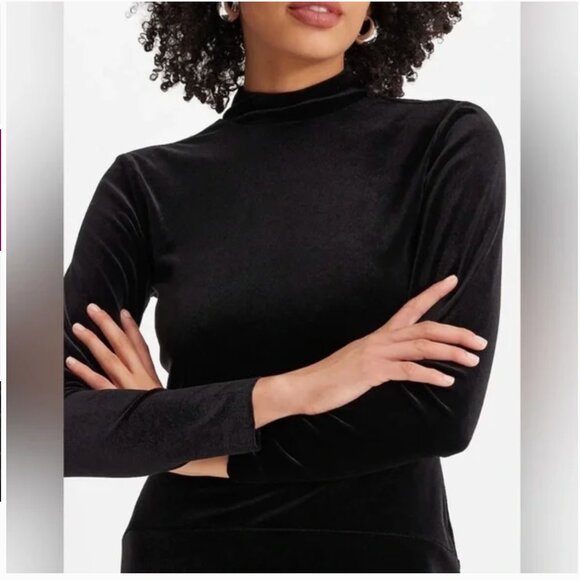 Express Maxi Dress Velvet Mock Long Sleeve Neck Side Slit Open Back Black New XL - Picture 2 of 5